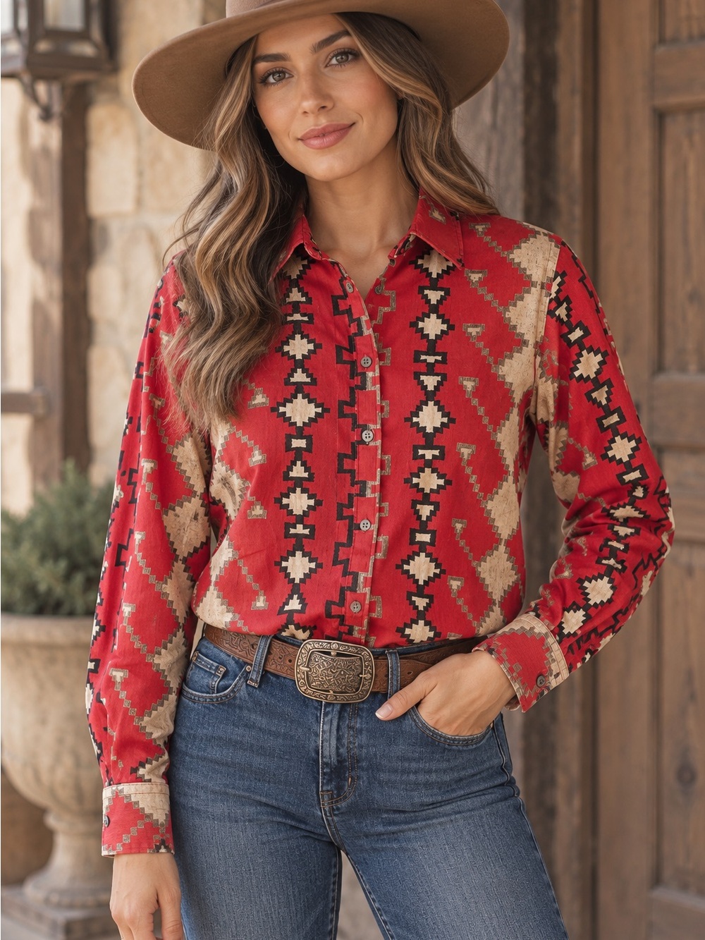 Lauren Ralph Lauren Red Southwestern Western Aztec Geometric Button Up Shirt XS